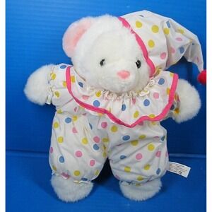 Chosun Polka Dot Bear Clown Hat Stuffed Plush Vtg Pink Trim White Polk-a-Dot 13"